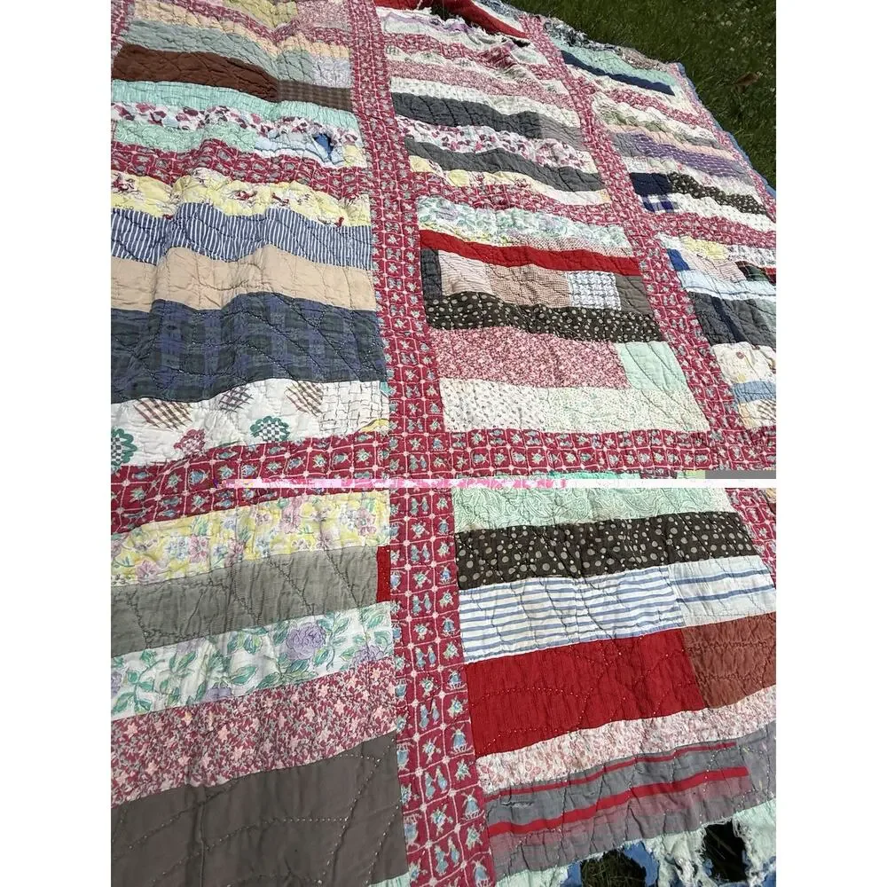 Antique Vtg 1920’s CRAZY QUILT Multi-Color Feed Sack Cowboys 78” **Needs Repair